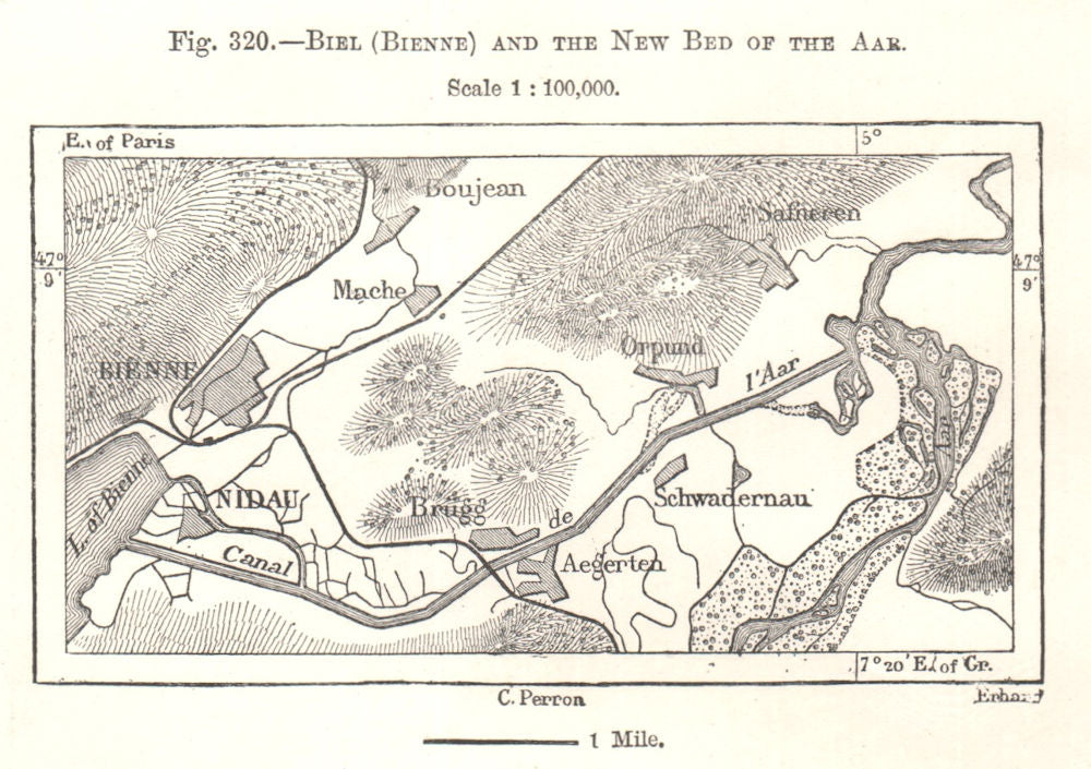Biel (Bienne) and the New Bed of the Aar. Nidau. Switzerland. Sketch map 1885